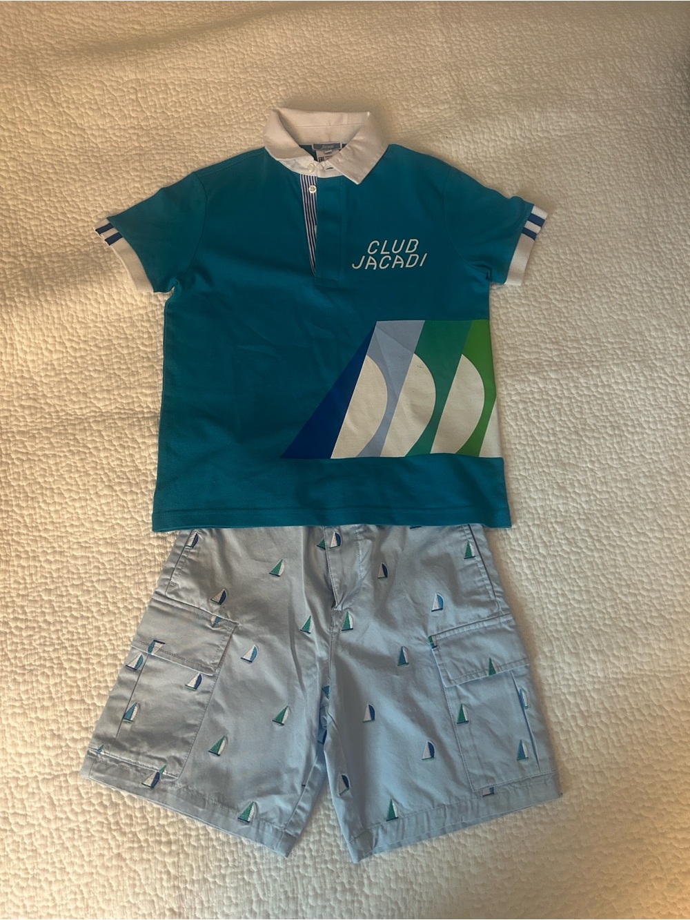 Jacadi Teal Polo with White Collar and shorts with Sail Graphic